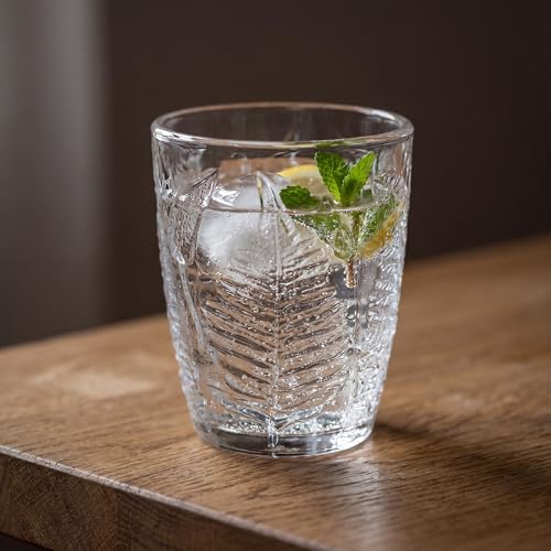 Clear Drinking Glasses Set of 4, 10 oz Glass Cups, Vintage Fern Glassware