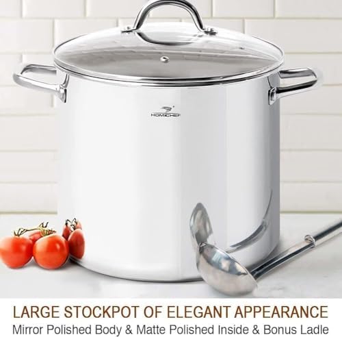 HOMICHEF 16 Quart LARGE Stock Pot with Glass Lid - NICKEL FREE Stainless Steel Healthy Cookware Stockpots with Lids 16 Quart - Mirror Polished Induction Cooking Pot