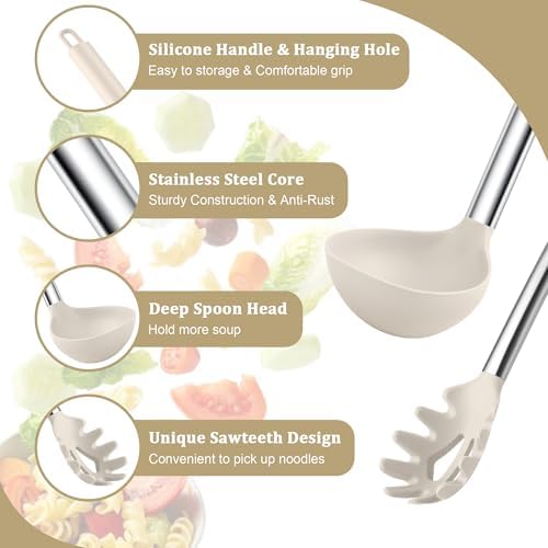 TeamFar Silicone Pasta Fork and Ladle, Nonstick Kitchen Utensils, Khaki