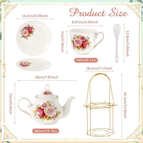 Zhehao 20 Pcs Porcelain Tea Set for Adult, with Metal Holder, Modern
