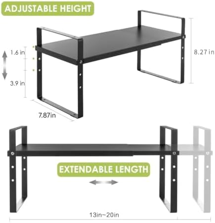 Across-Star Expandable Cabinet Shelf Organizer Rack, Stackable Kitchen Counter Storage Shelves Stand, Adjustable Height Pantry Shelf Spice Rack (Black, 1 Pack)