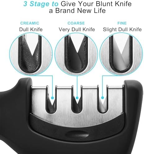 Elite Kitchen Knife Sharpener with 3 Stages, Professional Manual Blade Sharpening System, Ceramic Stone, Tungsten Carbide Plates, Diamond rods, Ergonomic Handle, Non-Slip Base,Stylish Black