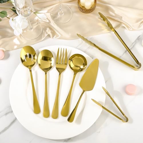 Artcochan 12 PCS Gold Serving Utensils, Stainless Steel Set Includes Large Serving Spoons, Slotted Spoons, Ladle, Forks, Tongs, Appetizers Tongs and Cake Server for Buffet Party Catering