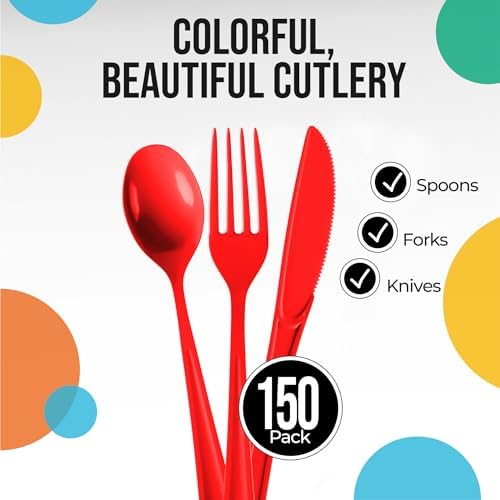 Party Solids Red Plastic Silverware 150 Pcs Red Cutlery Set
