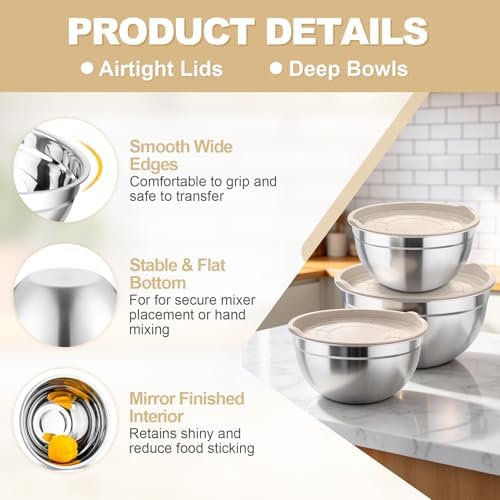 TeamFar Mixing Bowls, Stainless Steel Nesting Salad Bowls & Airtight Lids