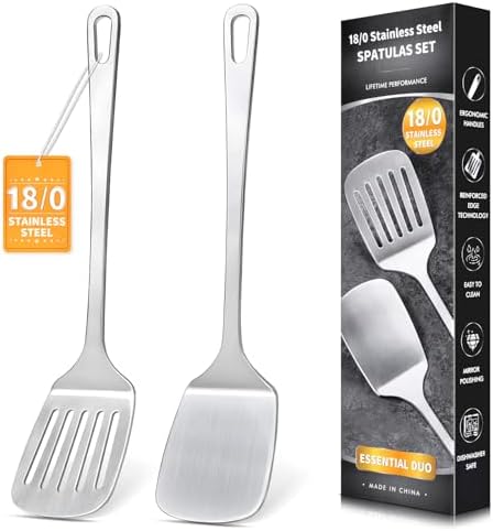 2 Pcs Stainless Steel Spatulas Set, Metal Spatula Solid & Slotted Turner, Heavy Duty Sturdy Spatula for Kitchen Use, High Heat Resistant Cooking Utensils for Fish Eggs Pancakes, Easy to Clean, Silver