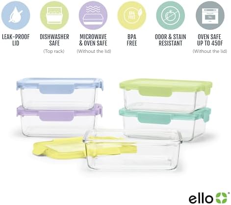 Ello Color Lock 5 Cup Glass Meal Prep Containers & Lids, 5 Pack,Purple Rain
