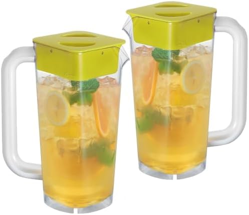 CURTA 2 Pack 2 Liters/68 oz Plastic Pitcher with Lid & Handle for Kitchen,ICED JUICE and Coffee Carafe Beverage Serveware, Acrylic Water Jug for Hot/Cold Drinks&lemonade