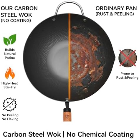 WANGYUANJI Carbon Steel Wok Pan, 12.6 Inch Flat Bottom Stir Fry Pan with Lid, Uncoated Heavy Duty Iron Wok for Induction and Gas Stoves