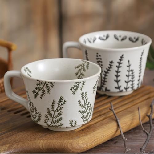 Ceramic Mug Set of 4, 11oz - Vintage Mug Cups for Coffee Milk Latte Cappuccino Tea, Porcelain Coffee Cups Set Gifts for Women Man, Farmhouse Handmade Stoneware Cups Dishwasher Microwave Safe