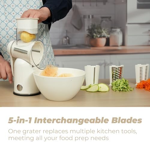 5 in 1 Rotary Cheese Grater, Beige Hand Crank Vegetable Cutter with 5 Stainless Steel Interchangeable Blades, Mandoline Slicer for Potatoes Onions Veggies Nuts