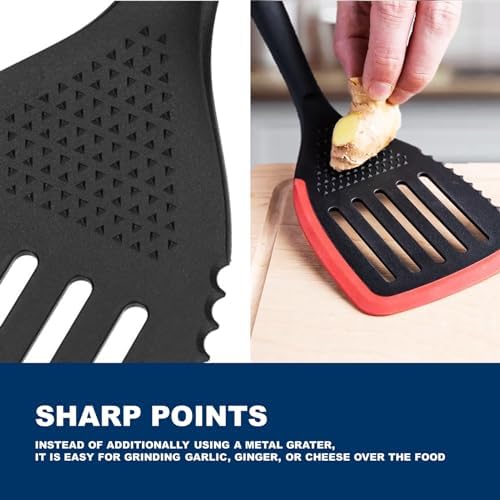 Heat-Resistant Silicone Slotted Turner with Sawtooth Edge, Multi-Purpose Kitchen Spatula for Non-Stick Pans, Cutting/Grinding Garlic, Eggs, Red