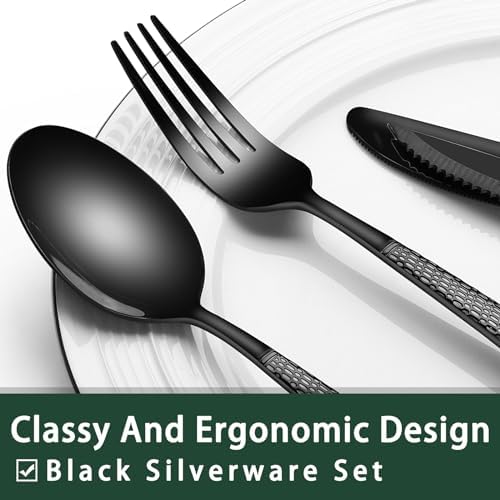 EWFEN 24-Piece Black Silverware Set with Steak Knives, Black Flatware Set for 4, Food-Grade Stainless Steel Tableware Cutlery Set, Mirror Finished Utensil Sets for Home Restaurant, Round Hammered