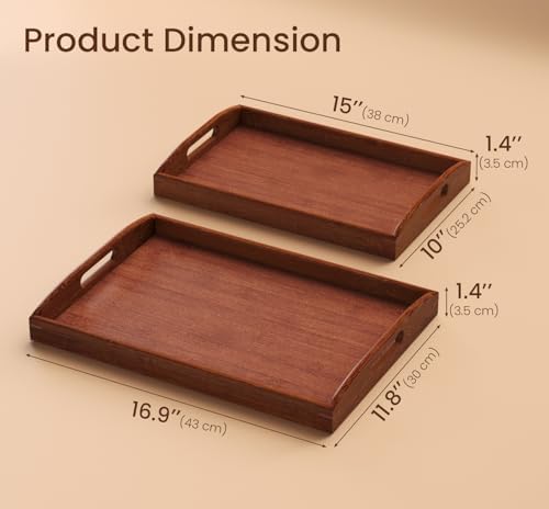 Bamboo Set of 2 Serving Trays with Handles Decorative Tray(Brown)