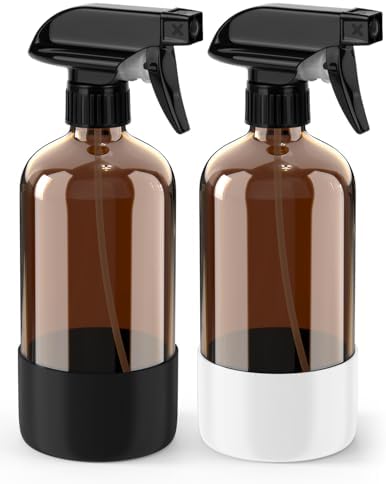 Bontip Glass Spray Bottle with Silicone Sleeve Protection, Amber Glass Spray Bottle Set for Window Cleaner Aromatherapy Facial Hydration Watering Flowers Hair Care 2 Pack/16 oz (Black & White, 16 oz)