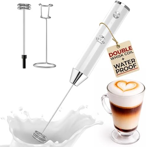 Zulay Kitchen Rechargeable Milk Frother Handheld - Frother Wand, Drink Mixer, Electric Whisk Frother, for Cappuccinos, Matcha & Protein Powder - Lux Double Whisk 2 Speed Waterproof 2000mAh White