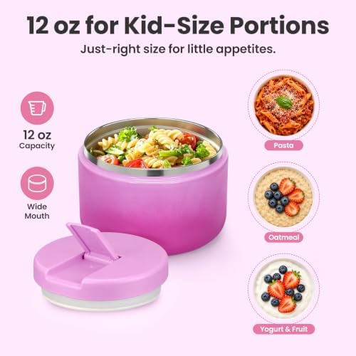 Pawtong 12oz Insulated Vacuum Food Jar with Buckle Lid Wide Mouth Soup Thermo for Hot Food Kids Leakproof Stainless Steel Lunch Container (Gradient Purple, 12OZ)