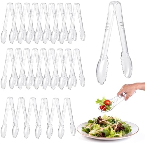 Mwellewm 24 Pc Plastic Tongs for Serving 9 Inch Bulk Reusable or Disposable Tongs Heavy Duty Hard Serving Utensils Set Large Salad Tong for Kitchen Party Food Buffet Appetizer BBQ Event Catering Clear