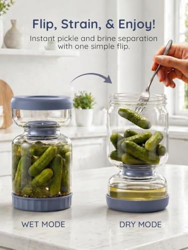 Homnoble Pickle Jar with Strainer Flip Hourglass Shape, Blue 2 Pack
