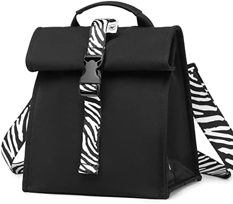 SUNNY BIRD Insulated Lunch Bag Rolltop Lunch Box (Black with white strap)