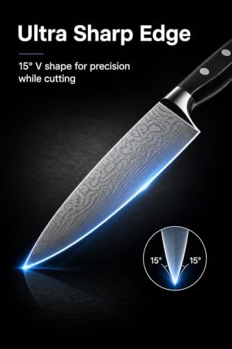 Knife Set, FOHERE 14 Pieces Self Sharpening Knife Block Set, High Carbon Stainless Steel Waved Pattern Knife Set with Block, Rust & Stain Resistant Kitchen Knives and Triple Riveted Handle, Black