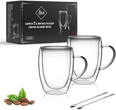 LIBWYS 12oz Double Walled Coffee Cups Glasses Mugs, Borosilicate Glass 2Pcs
