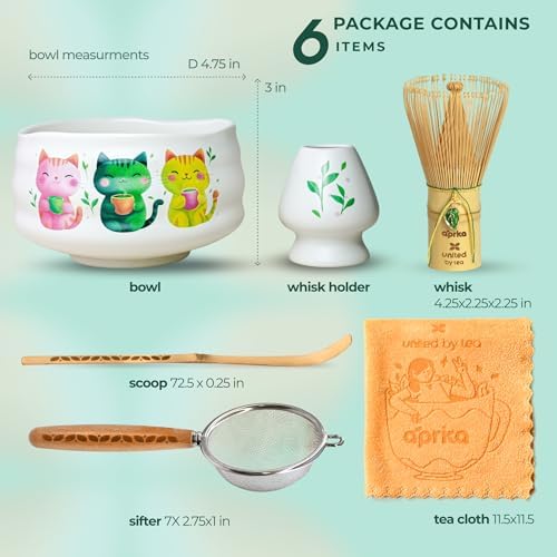 Aprika Life Matcha Whisk Set 6 Pcs - Ceramic Matcha Bowl, Bamboo Whisk, Matcha Whisk Holder, Scoop, Sifter & Tea Cloth - Traditional Handmade Matcha Set - Unfurl Matt White with Cat print