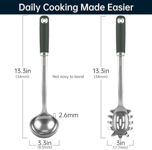 Safring Stainless Steel Soup Ladle and Spaghetti Spoon Set, Heat Resistant Rubber Handle, Dishwasher Safe, Kitchen Utensils for Cooking, Stirring, Serving Pasta, Soup & Sauce (Hunter Green)