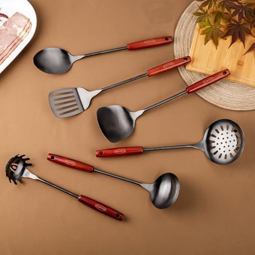 FJNATINH 17inch Wok Spatula and Ladle, Skimmer Spoon, Slotted Turner Spatula Set 304 Stainless Steel Kitchen Utensils Sets, 4-Pieces Cooking Utensils Tools Wok Accessories