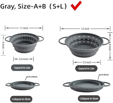 Collapsible Silicone Colander with Handles, Round Strainer with Stainless Steel Rim, Space Saving Kitchen Tool for Fruits & Vegetables,BPA-Free,Heat-Resistant Pasta Drainer(Gray, S+L)