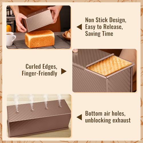 3 Pack Pullman Loaf Pans, Bread Pans with Lids, Golden