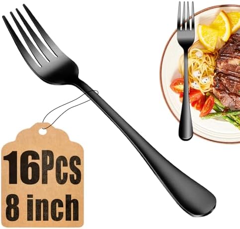 16 Piece Black Dinner Forks Set, Food-Grade Stainless Steel Silverware Forks, Cutlery Fork, Metal Fork for Home, Kitchen or Restaurant, Mirror Polished, Dishwasher Safe - 8 Inch