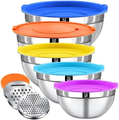 8-Piece Colorful Stainless Steel Mixing Bowl Set with Lids, Includes 5 Nesting Bowls and 3 Grater Attachments for Mixing and Serving, 1.5/2.1/3.5/4/4.5 QT