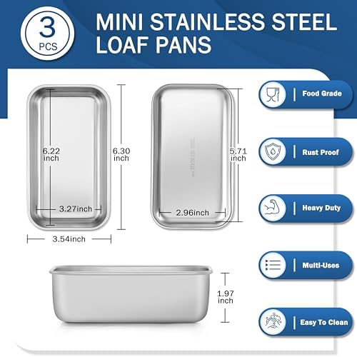 TeamFar Mini Loaf Pan, 3 PCS Stainless Steel Loaf Pans for Baking Bread