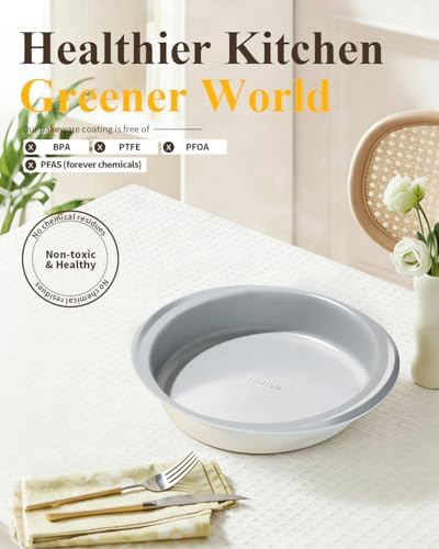 9 Inch Nonstick Round Cake Pan with Handle, Ceramic Coating PFOA PFAS PTFE Free, Aluminized Steel, Oven Safe 550°F, Dishwasher Safe, For Layer Cakes Cheesecakes and Brownies (Cream)