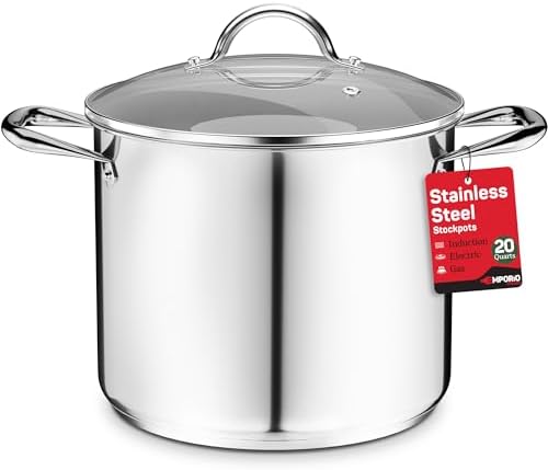 Stainless Steel Stockpot with Tempered Glass Lid 20 Quart, Durable 18/0 Stainless Steel, Impact-Bonded Base for Even Heating, Riveted Handles, Oven & All Stove Compatible, Safe Up To 500°F (260°C)