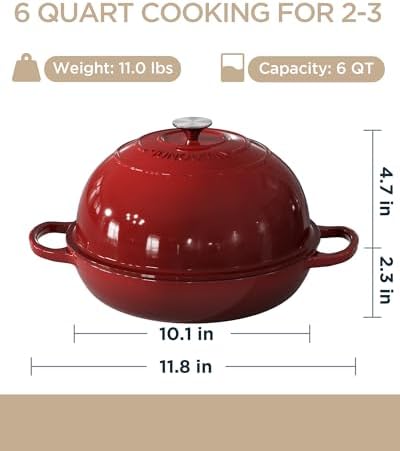 Enameled Cast Iron Bread Oven, 6QT Cast Iron Dutch Oven for Homemade Sourdough Bread Baking, Round Bread Pot with Dome Lid & Cotton Potholders, Cherry Red