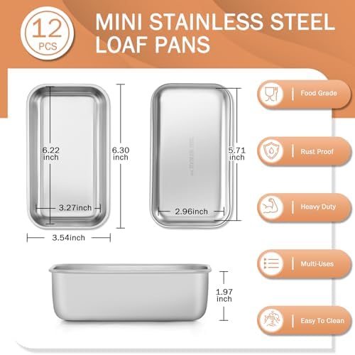 TeamFar Mini Loaf Pan, 12 PCS Stainless Steel Loaf Pans for Baking Bread