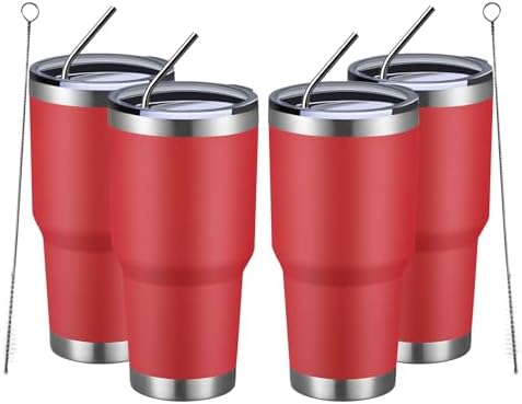 MEWAY 30oz Insulated Tumbler With Lids and Straws,Stainless Steel Double Vacuum Coffee Tumbler Cup, Brush, Durable Powder Coated Coffee Cup for Cold & Hot Drinks, Office, Travel(Coral red,4 PACK)
