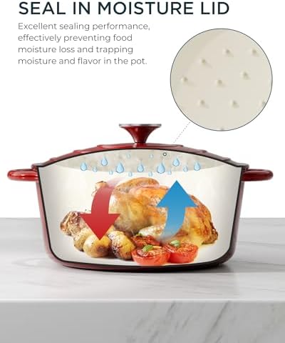 Enameled Cast Iron Dutch Oven - 4.5QT Pot with Lid & Cotton Potholders - Heavy-Duty Cookware for Braising, Stews, Roasting, Bread Baking, Oven Safe up to 500°F & Suitable for All Cooktops, Cherry Red