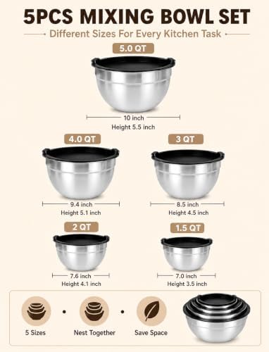 Stainless Steel Mixing Bowl Set with Lids, 5PCS Kitchen Food Prep Bowls