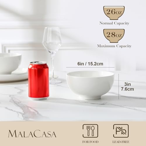 MALACASA 26 Oz White Ceramic Soup Bowls of 4, Cereal Bowls for Kitchen