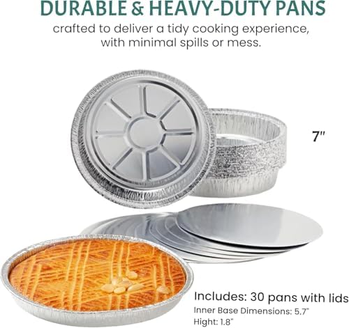 Round Aluminum Pans with Lids (30 Pack) - 7 Inch Disposable Pie Pans - Round Aluminum Foil For Baking, Grilling, Cooking, Storing, Prepping - Pie Tins with Lids