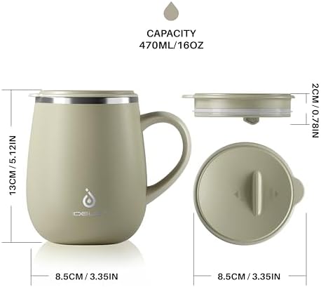 Ideus 16 oz Insulated Coffee Mug with Lid and Handle (Celadon, FUJI DAWN)