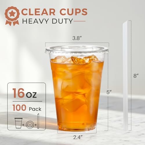 VITEVER 100 Sets - 12oz Clear Plastic Cups with Lids and Straws, Disposable Cups for Iced Coffee, Smoothie, Milkshake, Cold Drinks