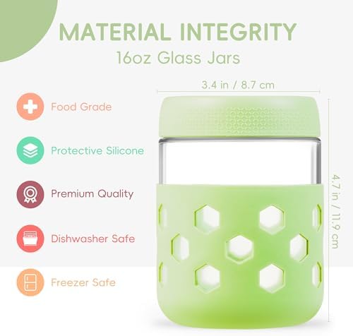 Gemice 6-Pack 16 oz Overnight Oats Containers with Lids and Silicone Sleeves, Glass Mason Jars with Airtight Lid, Dishwasher Safe, Wide Mouth Chia Seed Pudding Meal Prep Jar for Yogurt Berries Snack