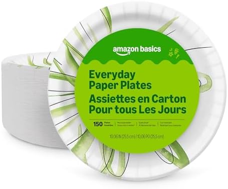 Amazon Basics Everyday Paper Plates, 10 Inch, Disposable, 150 Count, Packaging May Vary