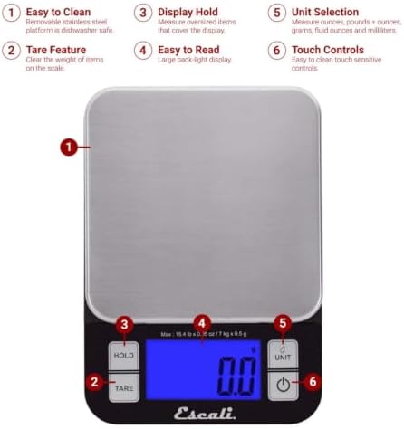 Escali Nutro Digital Food Scale, Multi-Functional Kitchen Appliance, Precise Weight Measuring and Portion Control, Baking and Cooking Made Simple, Stainless Steel Platform, Black, 1 Unit