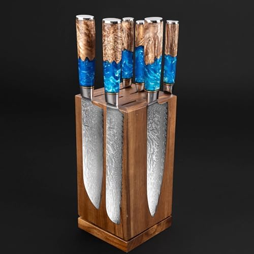 SENKEN Rotating Magnetic Knife Block without Knives, Natural Acacia Hardwood - 360 Degrees Rotation - Ultra Strong Neodymium Magnets, Universal Knife Holder & Storage (Block with Steak Knife Slots)
