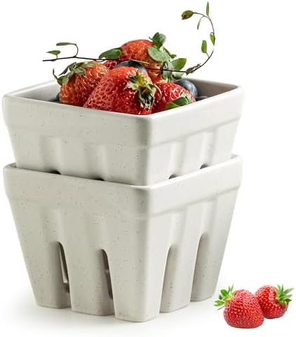 Gomakren Ceramic Berry Bowl Set of 2 Square Strawberry Basket, Cream White